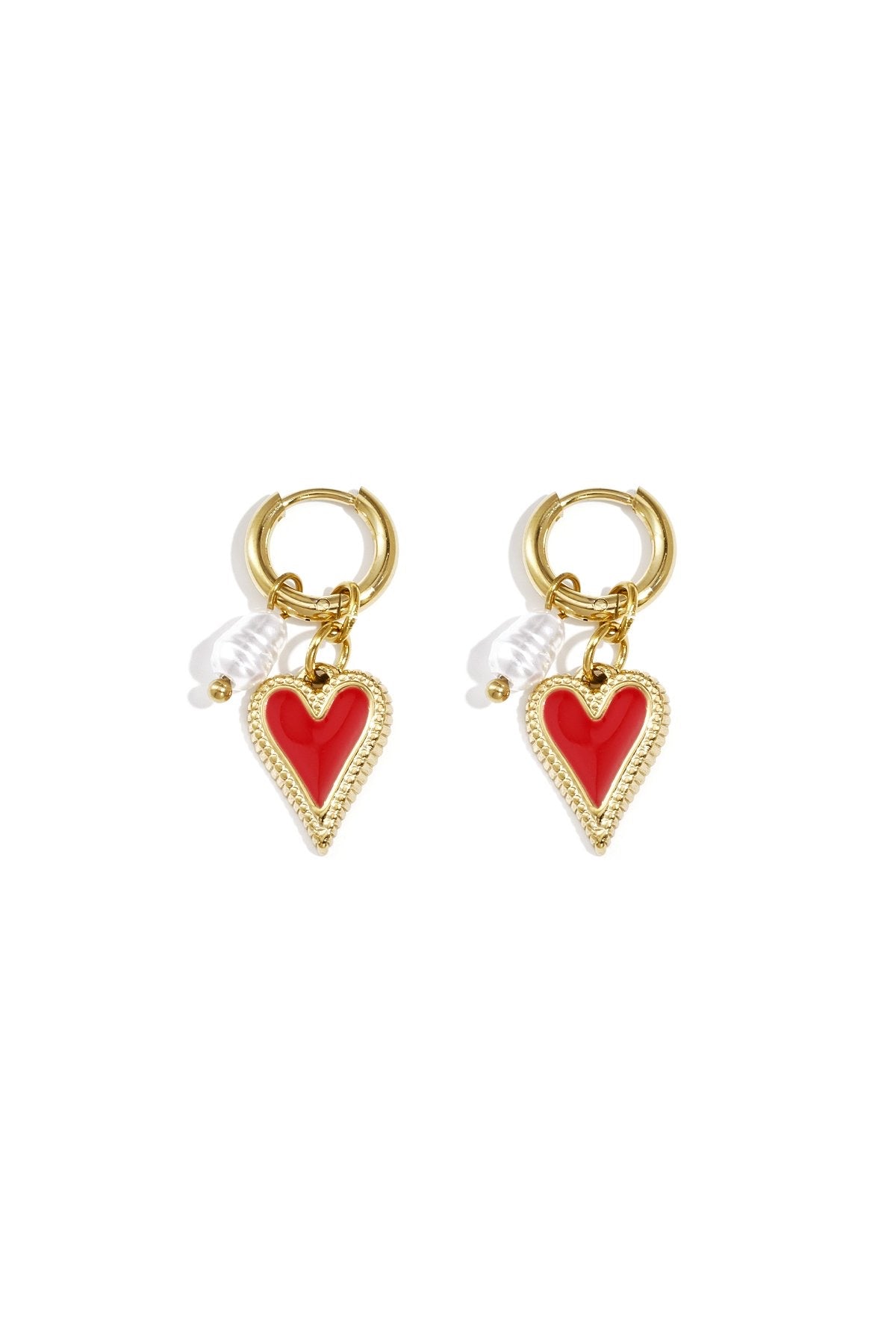 Red heart & pearl oorbellen
